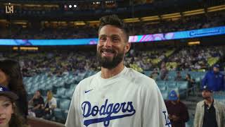 Giroud Throws Dodgers First Pitch After Winning Open Cup [upl. by Ruenhcs]