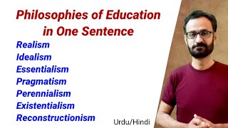 Philosophies of Education in one sentence  Realism Essentialism Pragmatism Progressivism [upl. by Kalikow]