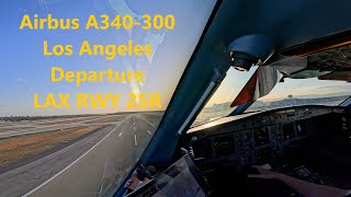 Airbus A340300 cockpit view  takeoff Los Angeles LAX runway 25R  4K [upl. by Helenka768]