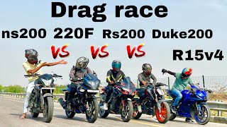 Pulsar 220f 2024 vs Ns200 vs rs200 vs duke200 vs r15v4 drag race yamaha ktm duke bajaj ns200 [upl. by Maddy]