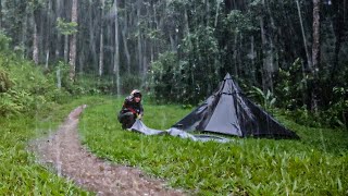 HIT BY CRAZY RAIN STORM amp THUNDERSTORM  solo camping LONG HEAVY RAIN with NEW TENT  ASMR [upl. by Airetnohs23]