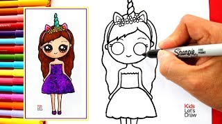 Aprende a dibujar una NIÑA UNICORNIO Kawaii con Brillantina y Vestido Morado [upl. by Nedloh]