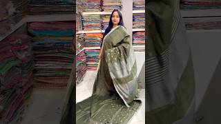 Mehndi color linen saree silver zari weaving love music sareeceremony desibrides floralsaree [upl. by Molohs]