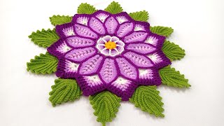 Como tejer la FLOR N° 49 con hojas a crochet paso a paso para centros caminos de mesa y tapetes [upl. by Deevan898]