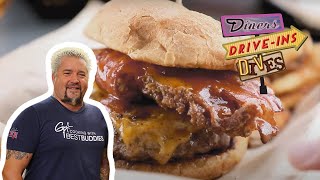 Guy Fieri Eats a Barnyard Burger with ALL the Meats  Diners DriveIns and Dives  Food Network [upl. by Aynwad]