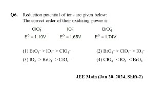 Q6 JEE Main Chemistry PYQ Jan 30 2024 Shift 2  Reduction potential of ions are given below [upl. by Auos]