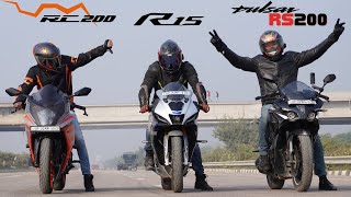 Pulsar RS200 BS7 with39 Teeth Sprocket vs Yamaha R15M vs KTM RC200 Drag Race [upl. by Llegna]