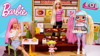 Barbie LOL Family Donut Shop Breakfast Routine with Baby Goldie amp Twins [upl. by Yttisahc]