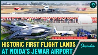 Full Video First Flight Lands at Noida Jewar International Airport Historic Milestone for UP [upl. by Anawat]