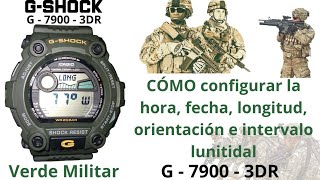 Cómo configurar Hora Fecha longitud orientación e intervalo lunitidal en el reloj G Shock G 7900 [upl. by Ttirrej]