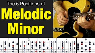 MELODIC MINOR Scale Guitar Patterns  All Five Positions [upl. by Eirrem]