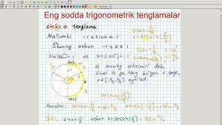 Eng sodda trigonometrik tenglamalar sinxa tenglamani yechish Algebra 10sinf 39dars [upl. by Yaj567]