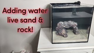 Nano reef tank build Adding water Ocean Direct live sand and Caribsea live rock ep15 [upl. by Soraya]