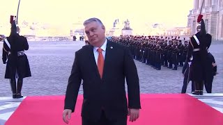 This is how Hungarys Viktor Orbán greeted journalists in Versailles [upl. by Eudosia]