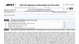 IRS Form 8879F walkthrough IRS efile Signature Authorization for Form 1041 [upl. by Nnylatsyrc]