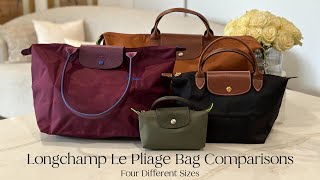 Longchamp Le Pliage Bag Comparisons Four Different Sizes [upl. by Aneehsram]