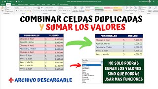 Como combinar CELDAS DUPLICADAS Y SUMAR LOS VALORES en Excel [upl. by Acinorav]