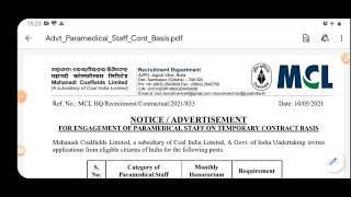 Mahanadi coalfield ltd Covid19para medical staff recruitment 2021 [upl. by Swanhildas]