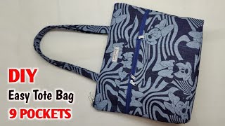 HOW TO MAKE ZIPPERED TOTE BAG WITH 9 POCKETS  Lined Tote bag sewing tutorial  clothes bag making [upl. by Minetta]