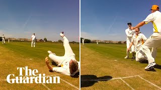 Cricketer pulls off incredible and unlikely catch off own bowling [upl. by Ileane]