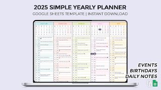 2025 Simple Yearly Planner Events Birthdays amp Daily Notes  Google Sheets Template [upl. by Aivekal312]