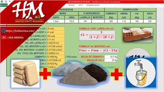 CALCULO DE MATERIALES PARA MURO  LADRILLO CEMENTO ARENA AGUA y ADITIVO  EXCEL  HebMERMA [upl. by Steep86]