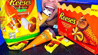 ASMR REESES PEANUT BUTTER CUPS PIECES ICE CREAM CONE CHOCOLATE EGGS JERRY CANDY ASMR MUKBANG [upl. by Roscoe692]