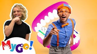 Brush Your Teeth Song  Blippi  MyGo Sign Language for Kids  Educational Videos [upl. by Airdnaed]