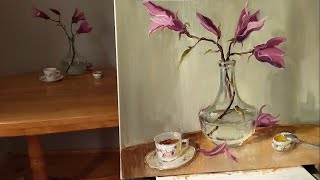 Spring still life in oil Work on the painting How to paint magnolias [upl. by Heywood]