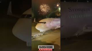 Sriwijaya Air pilot greeted with fireworks as farewell greeting for last flight retirement [upl. by Maxentia213]