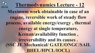 Thermodynamics Lecture 12 Availabilityexergy and irreversibility in thermodynamics [upl. by Ahsuatan]