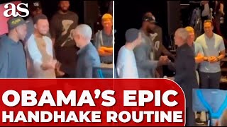 OBAMAS EPIC HANDSHAKE routine with CURRY and LEBRON goes VIRAL– a reallife Key amp Peele moment [upl. by Elsa]