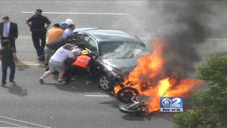 Amazing rescue Bystanders lift burning car off injured motorcyclist in Logan Utah [upl. by Melac]