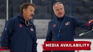 HC Dean Evason Kuraly Gudrbranson and Monahan on Guy Gaudreaus Practice Visit 💙❤️  Media Avail [upl. by Massingill123]