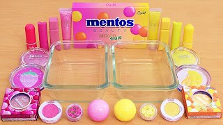 Pink vs Yellow  Mentos Mixed Fruit Slime  Mixing Makeup Eyeshadow Into Slime ASMR [upl. by Aratas]