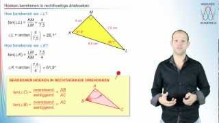 Tangens  hoeken berekenen in rechthoekige driehoeken  WiskundeAcademie [upl. by Adidnere]