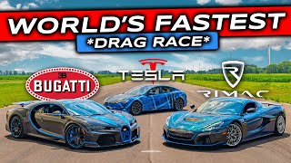 WORLDS FIRST Rimac Nevera V Bugatti Chiron SuperSport V Tesla Plaid DRAG RACE [upl. by Enimaj]