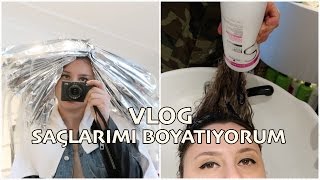 VLOG  SAÇLARIMI NASIL BOYATIYORUM Küllü sarı mor şampuan olaplex [upl. by Nuahsad]