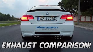 BMW M3 E92 Exhaust Comparison Eisenmann Akrapovic Meisterschaft etc [upl. by Voccola]