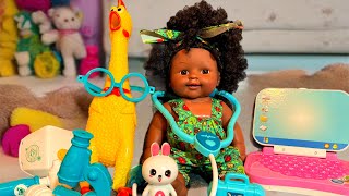 Little african american girl treats cute chick Unpacking medical instruments [upl. by Edge50]