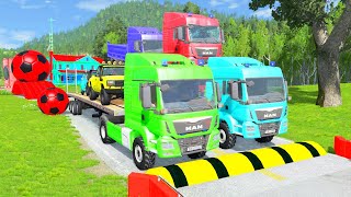 Double Flatbed Trailer Truck vs Speedbumps Train vs Cars  Tractor vs Train BeamngDrive 012 [upl. by Aivatnahs]