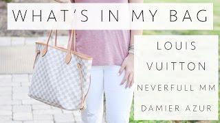 WHATS IN MY BAG  Louis Vuitton Neverfull MM Damier Azur [upl. by Anitrak]