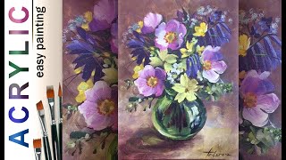 Wild roses amp bluebells in glass vase 🎨 ACRYLIC How to paint flower bouquet Tutorial DEMO [upl. by Coad]