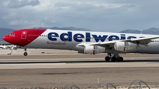 Edelweiss Air Airbus A340313 lands at Las Vegas  HBJMG [upl. by Solahcin323]