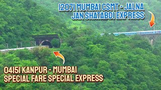 KANPUR  MUMBAI Special Fare Meets Jalna JAN SHATABDI Express at KASARA TUNNEL  Monsoon THULL Ghat [upl. by Gilbertine]