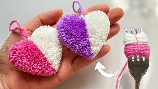 Super Easy Pom Pom Heart Making with Fork  Amazing Craft Ideas with Wool  How to Make Yarn Heart [upl. by Hplodnar]