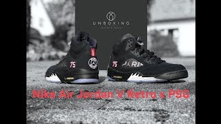 Nike Air Jordan 5 Retro x PSG ‘blackred challengewhite’  UNBOXING amp ON FEET  fashion shoes [upl. by Ellatsyrc]