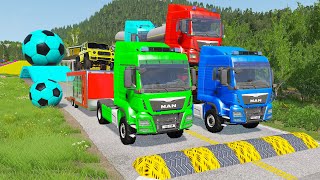 Double Flatbed Trailer Truck vs Speedbumps Train vs Cars  Tractor vs Train BeamngDrive 058 [upl. by Ahsirt974]