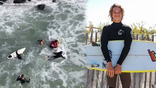 Surfers rush to the rescue of fishermen knocked off jetty in Avalon New Jersey [upl. by Twyla836]