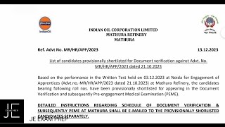 IOCL APPRENTICESHIP 2023 MATHURA REFINERY RESULT OUT [upl. by Eiroj97]